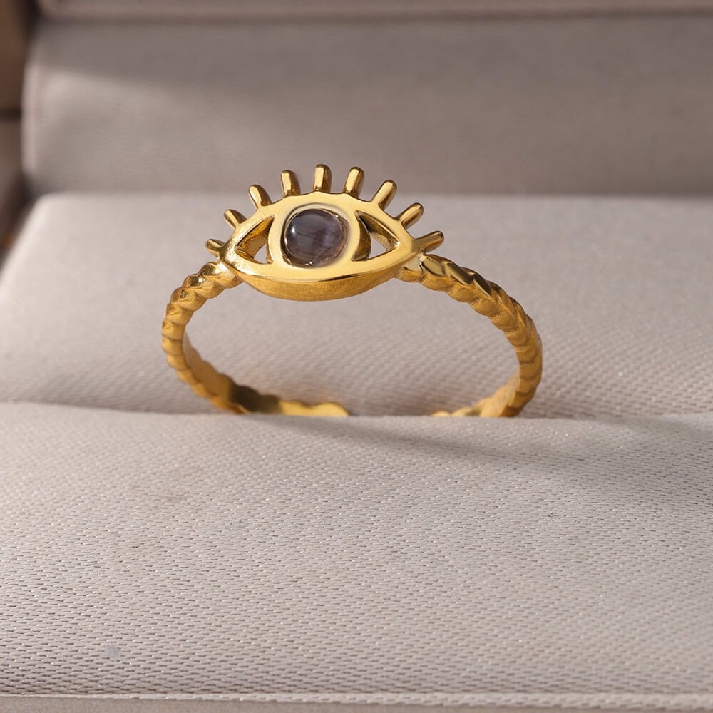 Evil Eye Ring, 18K Gold Evil Eye Ring, Evil Eye Black Ring, Evil Eye Open Ring, Gothic Fashion Ring for Women, Gift for Her