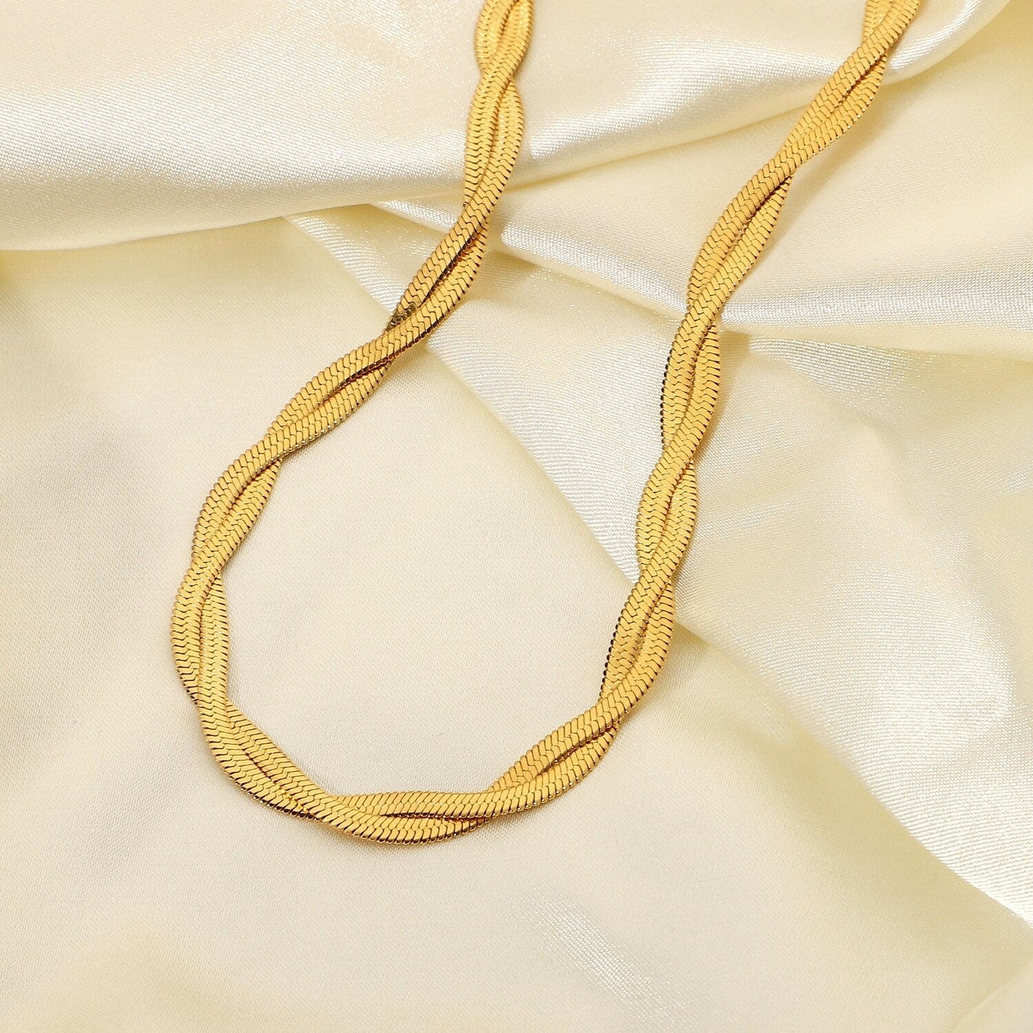 18K Gold Layer Chain, Double Layering Chain, Gold Twist Necklace for Women, Gift for Her