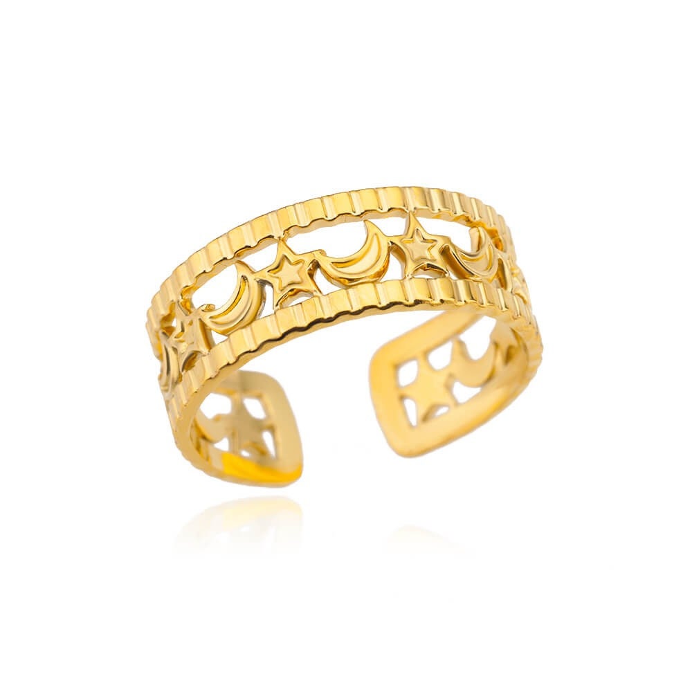 Cute Moon Ring, Cute Stars Ring, 18K Gold Moon Ring, Gold Stars Ring, Celestial Fashion Ring for Women, Gift for Her