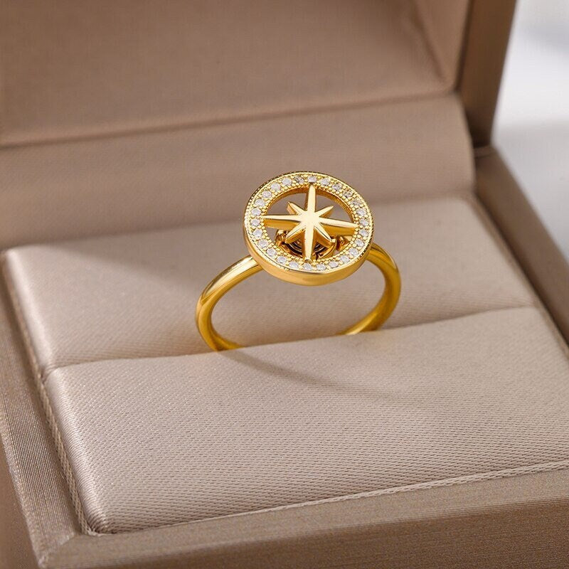 18K Gold Compass Ring, Crystal Compass Ring, Crystal Compass Ring, Compass Fashion Ring for Women, Gift for Her