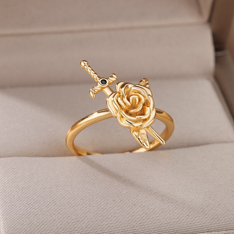 Punk Rose & Sword Ring, Gold Rose Ring, 18K Gold Plated, Dainty Gothic