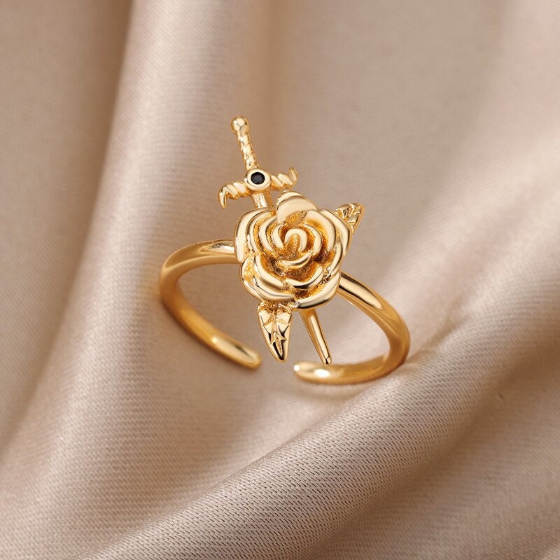 Punk Rose & Sword Ring, Gold Rose Ring, 18K Gold Plated, Dainty Gothic
