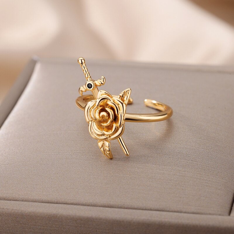 Punk Rose & Sword Ring, Gold Rose Ring, 18K Gold Plated, Dainty Gothic
