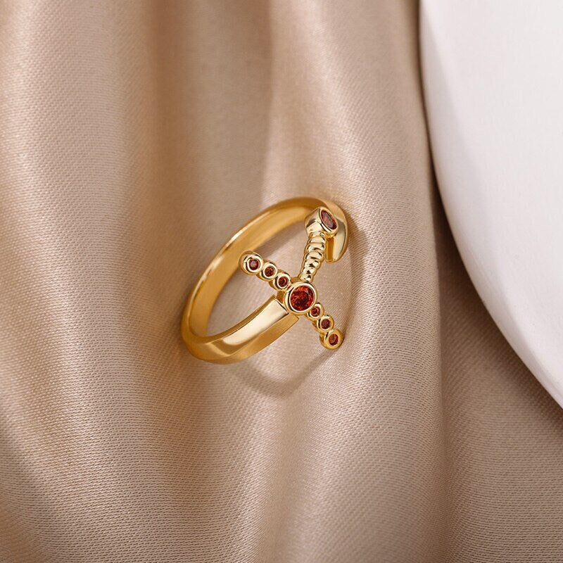 18K Gold Gothic Dagger Ring, Punk Sword Ring, Gold Punk Sword Ring