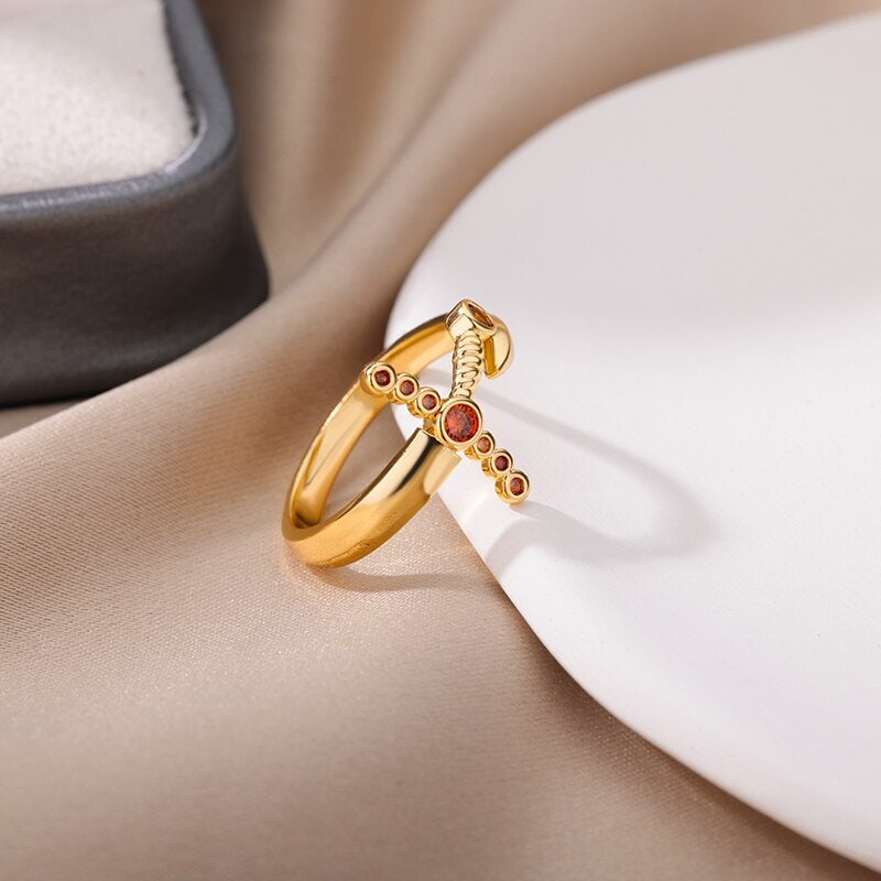 18K Gold Gothic Dagger Ring, Punk Sword Ring, Gold Punk Sword Ring