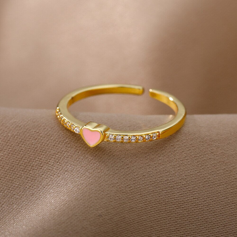 Dainty Heart Ring, Pink Heart Ring, 18K Gold Heart Ring, Cute Heart Fashion Ring for Women, Gift for Her