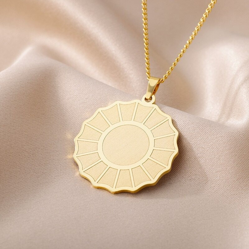 18K Gold Sun Flat Charm, Gold Sun Necklace, Gothic Sun Fashion Necklace for Women, Gift for Her