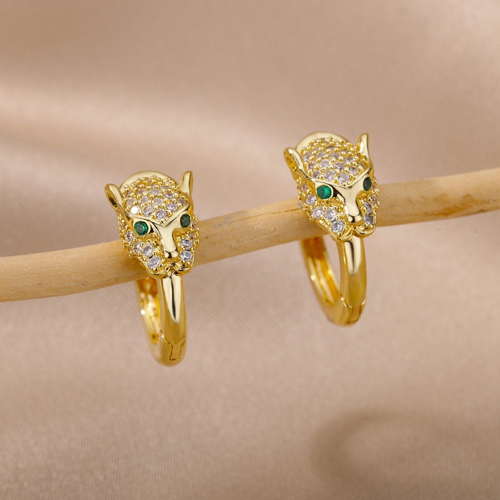 Punk Jaguar Hoops, Gold Leopard Head Hoop Earrings, Gothic Panther Earrings, 18K Gold Plated