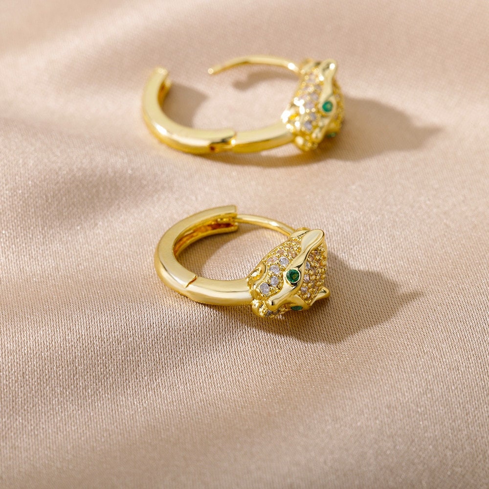 Punk Jaguar Hoops, Gold Leopard Head Hoop Earrings, Gothic Panther Earrings, 18K Gold Plated