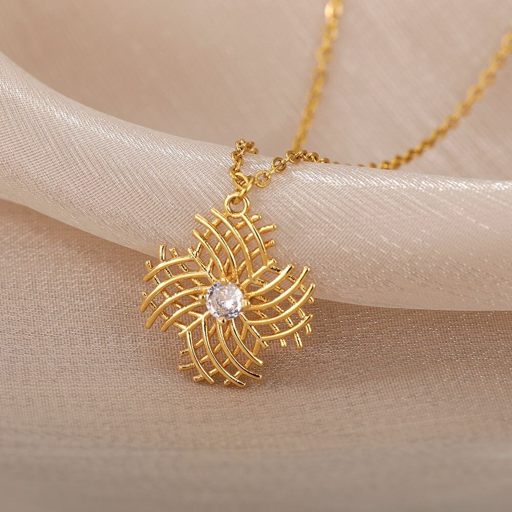 18K Gold Petal Charm Necklace, Gold Cross Necklace, Punk Fashion Necklace for Women, Gift for Her