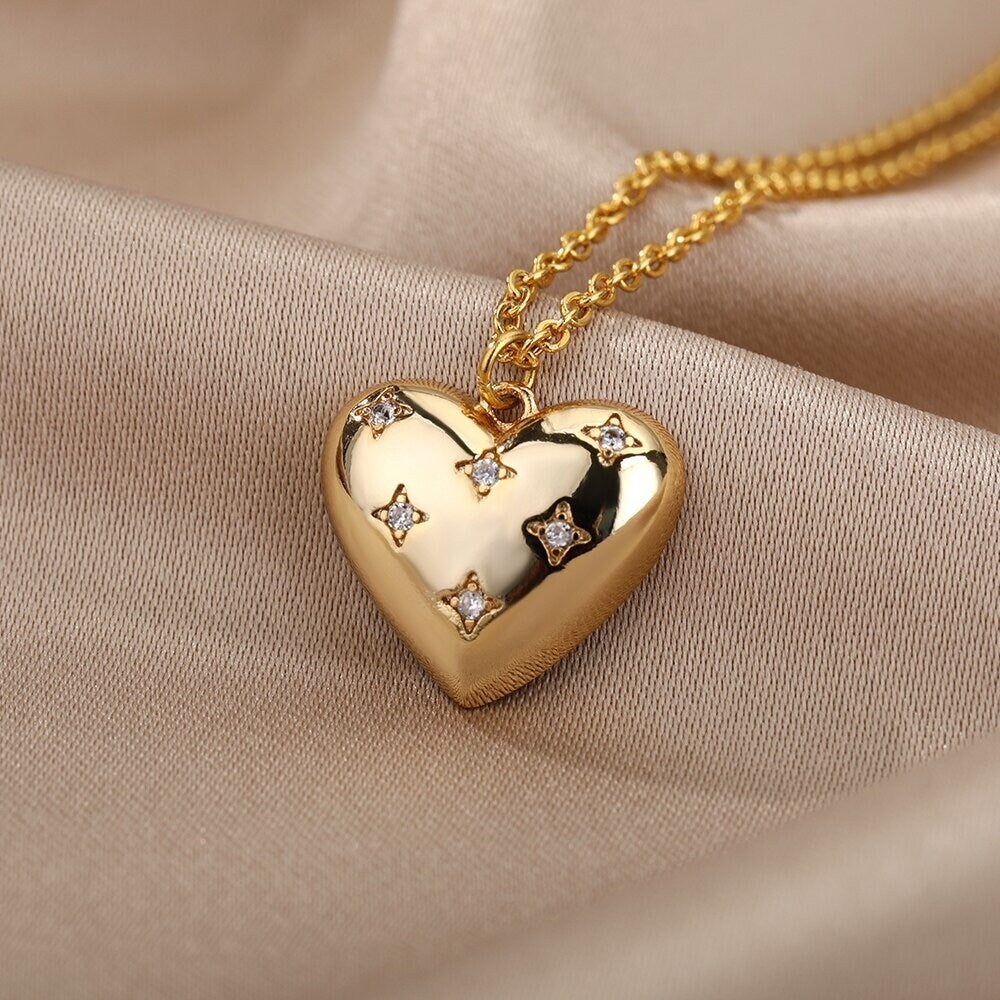 Delicate Heart Charm Pendant, 18K Gold Heart Necklace, Punk Heart Fashion Necklace for Women, Gift for Her