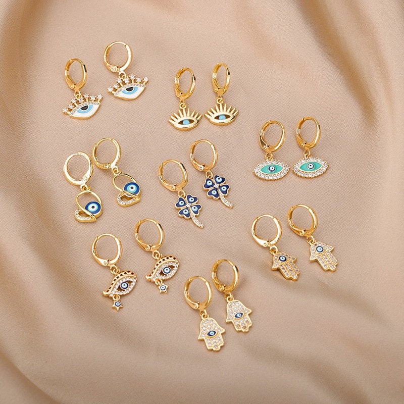 18K Gold Evil Eye Earrings, Fatima Earrings, Hamsa Earrings, Gothic Evil Eye Earrings for Women, Gift for Her