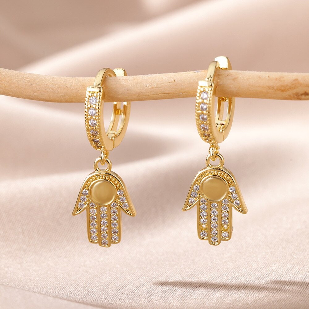 Hamsa Earrings, 18K Gold Hamsa Earrings, Fatima Earrings, Protection Earrings for Women, Gift for Her