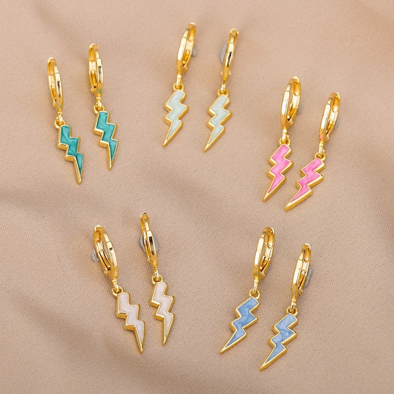 Thunder Bolt Earrings, 18K Gold Thunder Earrings, Enamel Thunder Earrings, Punk Fashion for Women, Gift for Her