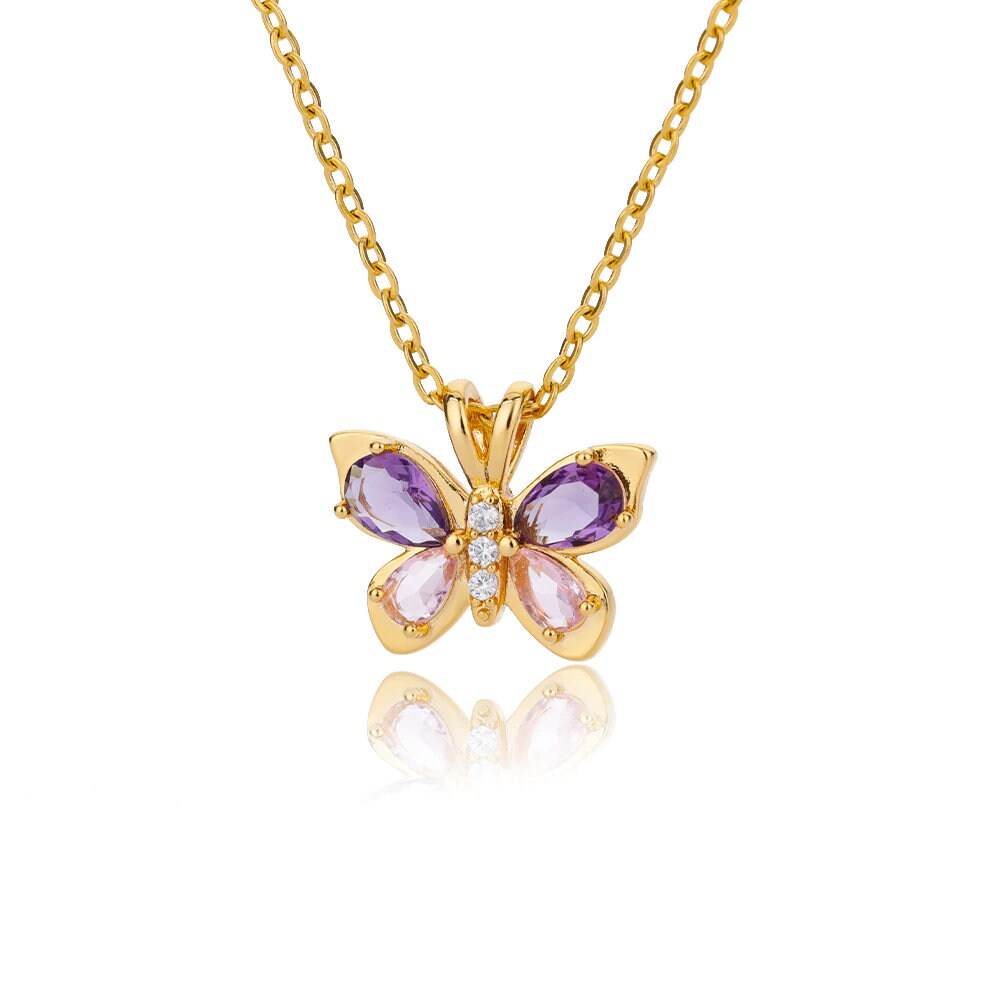 Delicate Butterfly Charm, Purple Butterfly Necklace, 18K Gold Butterfly Necklace for Women, Gift for Her