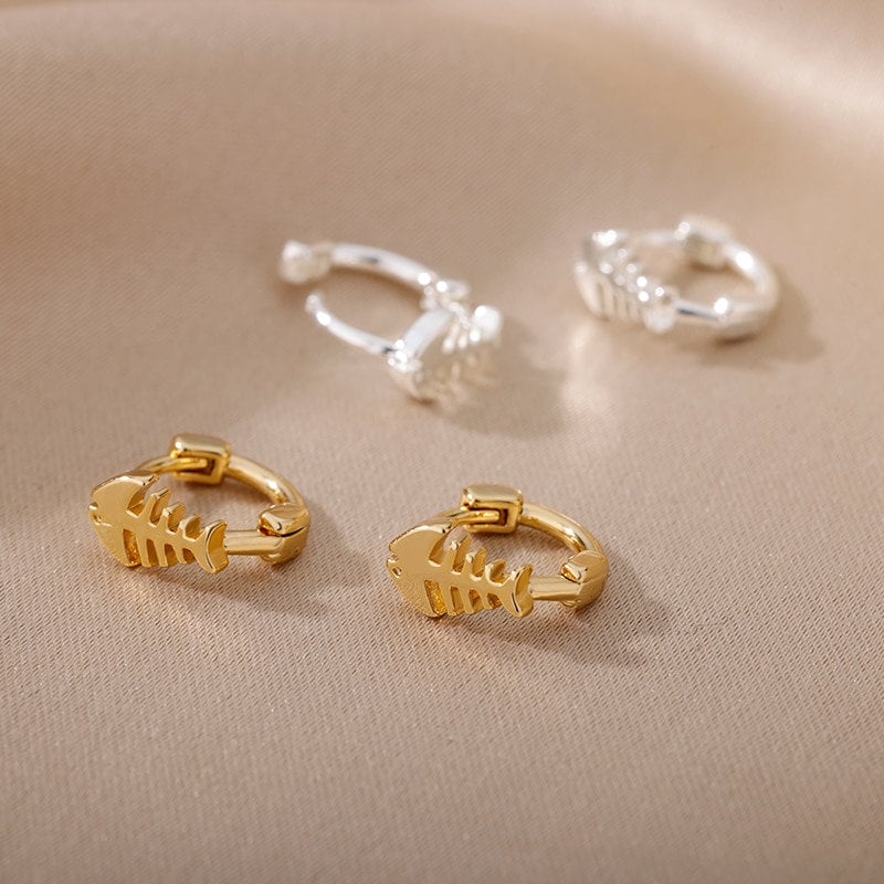 Punk Bones Earrings, Cute Fish Bones Earrings, 18K Gold Bones Earrings, Punk Fashion for Women, Gift for Her