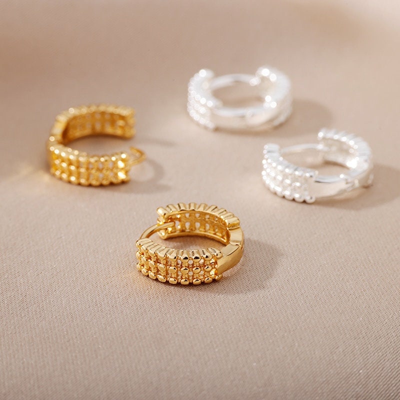 Link Hoop Earrings, 18K Gold Link Hoop Earrings, Beaded Link Earrings, Punk Earrings for Women, Gift for Her