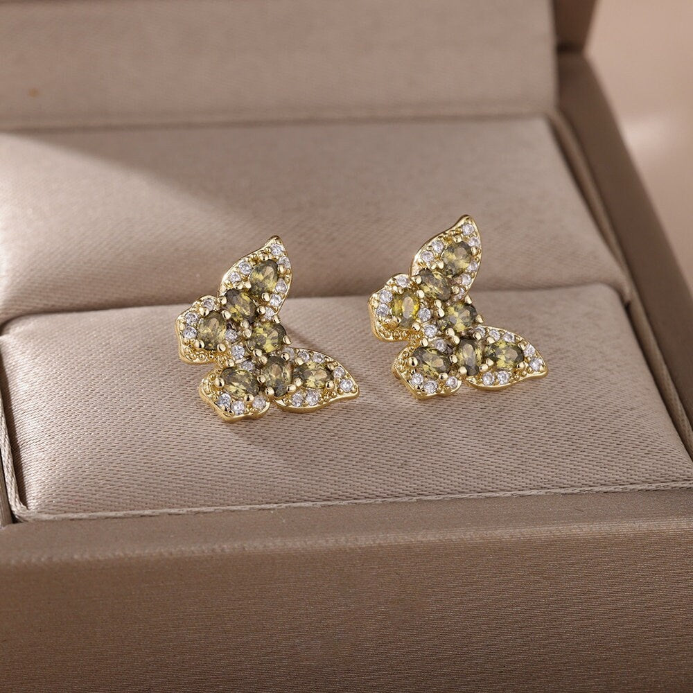 Crystal Butterfly Earrings, 18K Gold Butterfly Stud Earrings, Delicate Butterfly Earrings for Women, Gift for Her