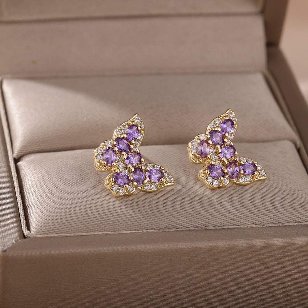 Crystal Butterfly Earrings, 18K Gold Butterfly Stud Earrings, Delicate Butterfly Earrings for Women, Gift for Her