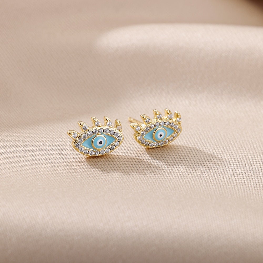 Gothic Evil Eye Earrings, Evil Eye Stud Earrings, 18K Gold Evil Eye Earrings for Women, Gift for Her