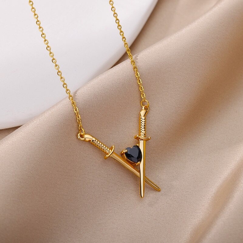 Gothic Sword Pendant, 18K Gold Punk Hearts & Swords Necklace