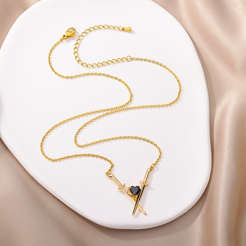 Gothic Sword Pendant, 18K Gold Punk Hearts & Swords Necklace
