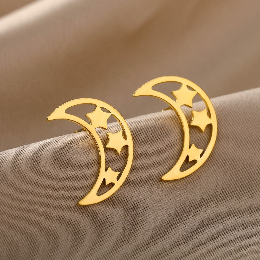 Cute Moon Earrings, 18K Gold Moon Earrings, Moon & Stars Stud Earrings, Moon Earrings for Women, Gift for Her