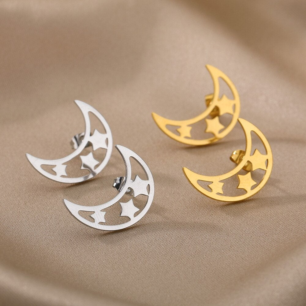Cute Moon Earrings, 18K Gold Moon Earrings, Moon & Stars Stud Earrings, Moon Earrings for Women, Gift for Her