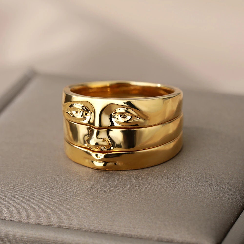 Punk Eye of David Face Goliath Ring, 18K Gold Gothic Stackable Ring, Dainty Minimalist Jewelry