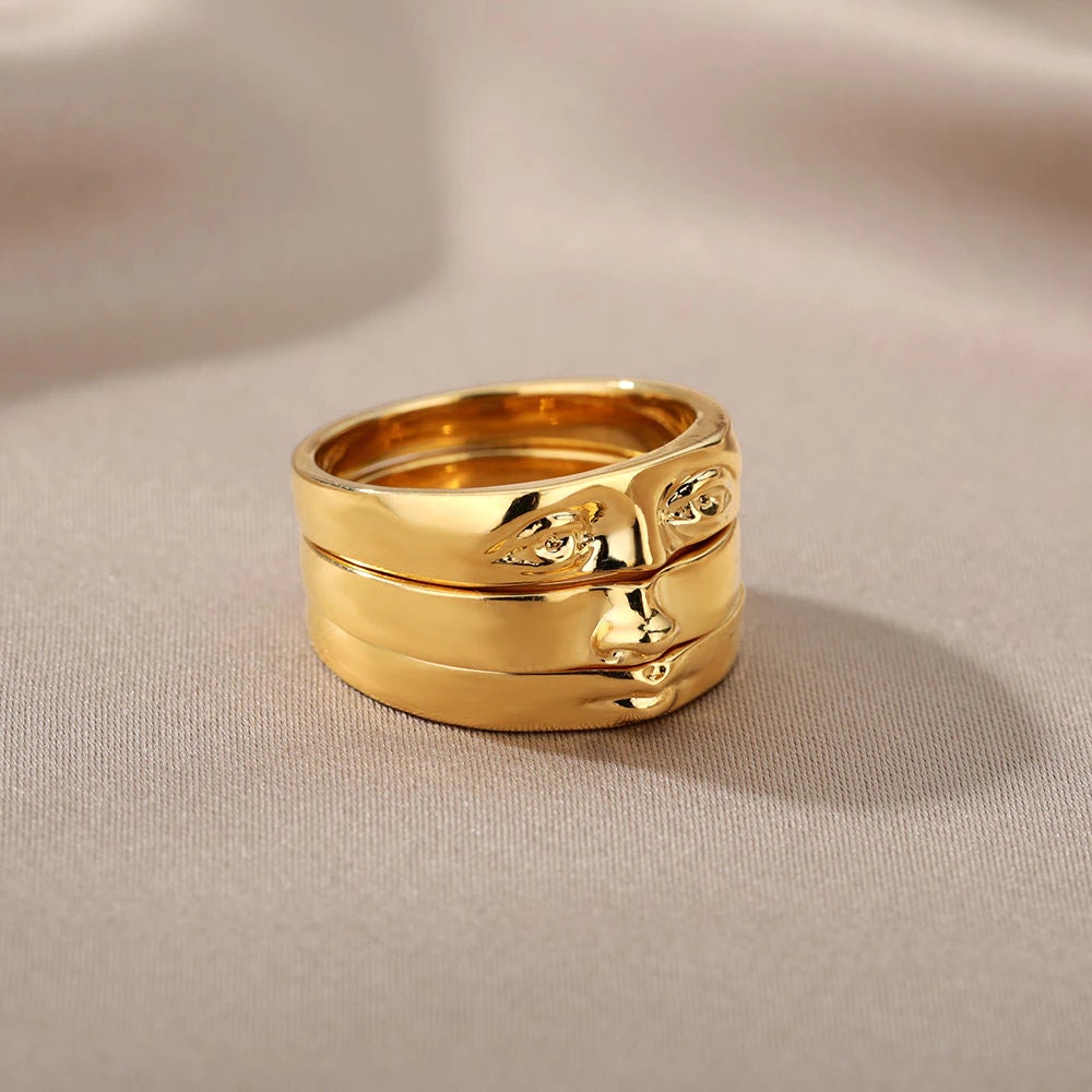 Punk Eye of David Face Goliath Ring, 18K Gold Gothic Stackable Ring, Dainty Minimalist Jewelry