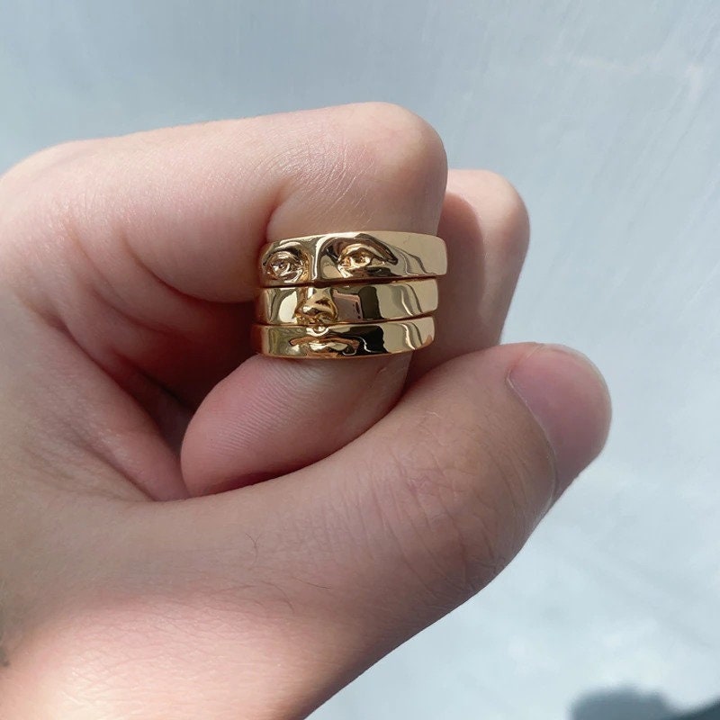 Punk Eye of David Face Goliath Ring, 18K Gold Gothic Stackable Ring, Dainty Minimalist Jewelry