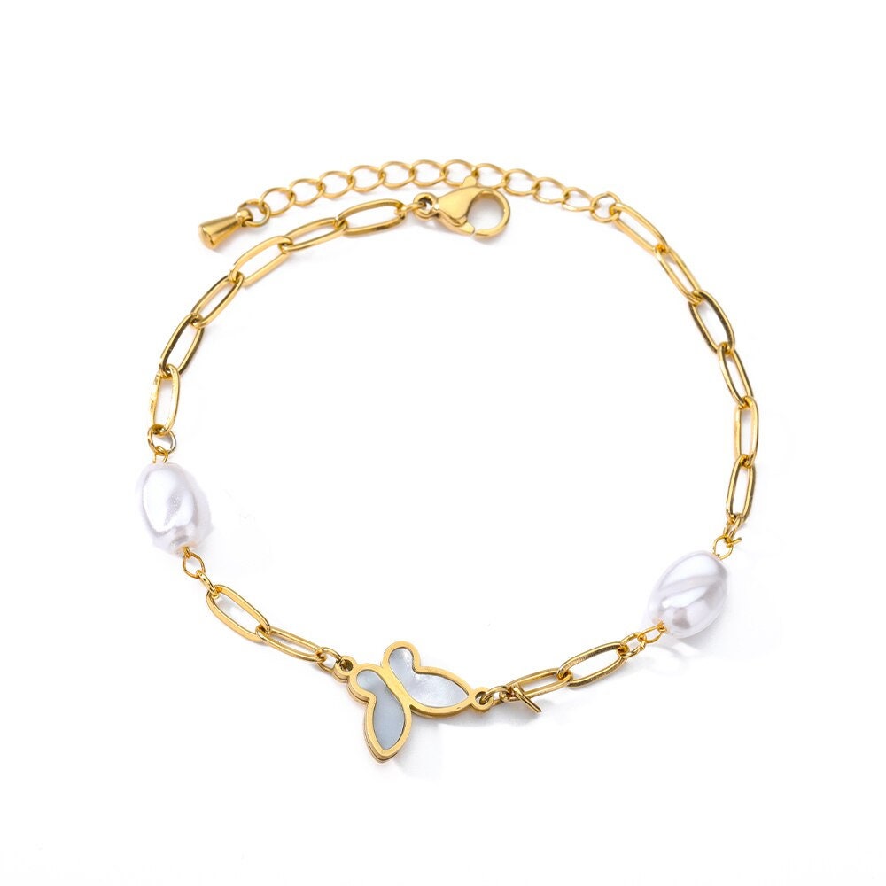 18K Gold Pearl Bracelet, Opal Bracelet, Butterfly Opal Bracelet for Women, Gift for Her
