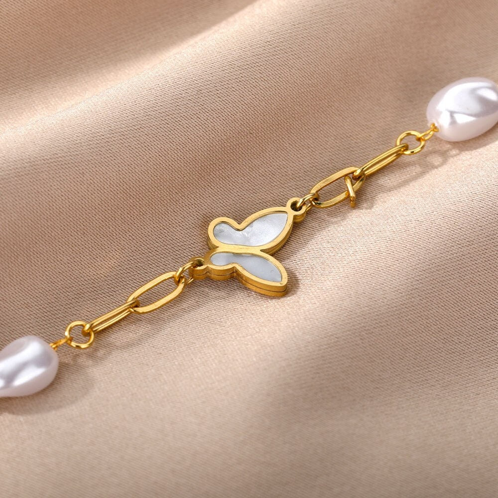 18K Gold Pearl Bracelet, Opal Bracelet, Butterfly Opal Bracelet for Women, Gift for Her