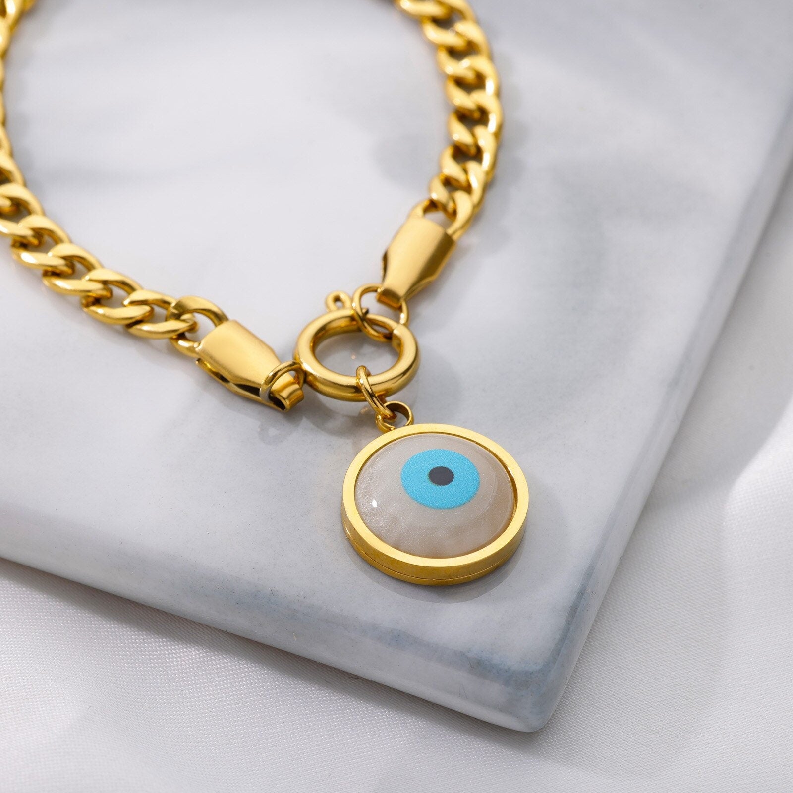 18K Gold Evil Eye Bracelet, Evil Eye Enamel, Gothic Evil Eye, Evil Eye Bracelet for Women, Gift for Her