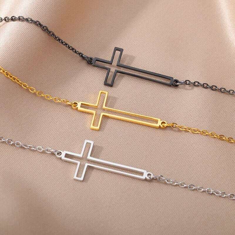 18K Gold Cross Bracelet, Gold Jesus Bracelet, Christian Bracelet for Women, Gift for Her