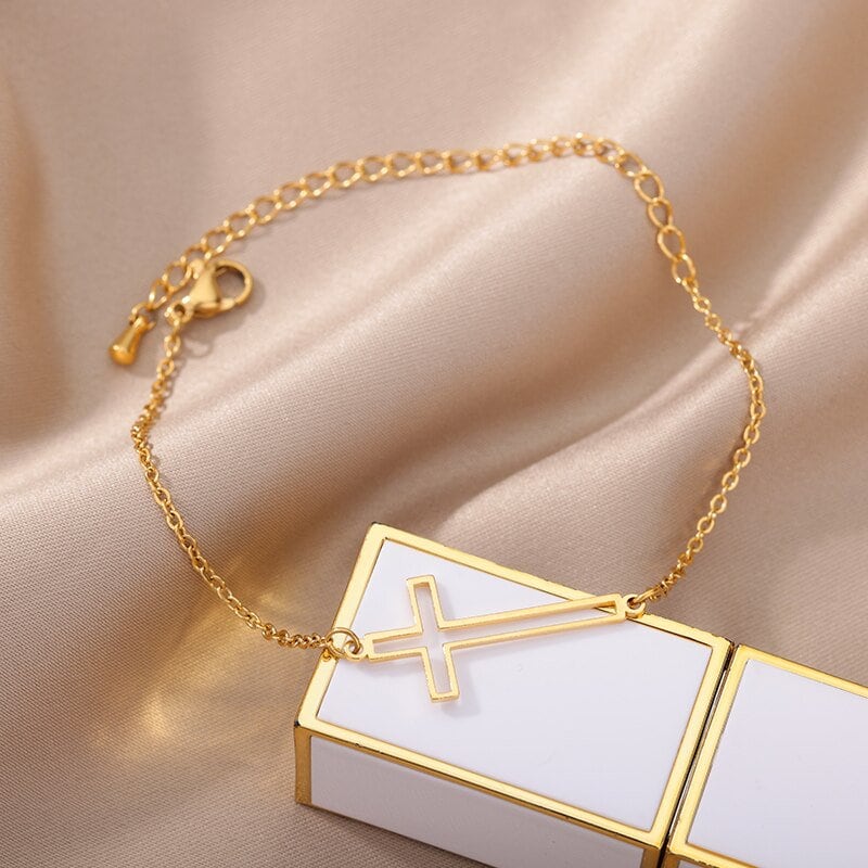 18K Gold Cross Bracelet, Gold Jesus Bracelet, Christian Bracelet for Women, Gift for Her