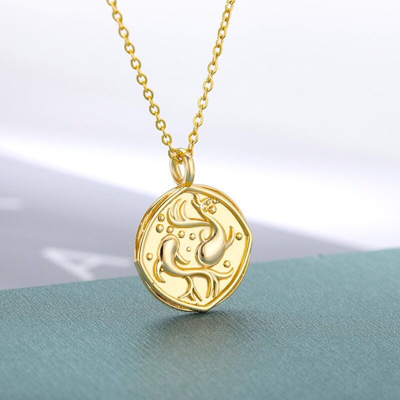 Horoscope Coin Charm, 18K Gold Horoscope Necklace, Horoscope Pendant for Women, Gift for Her