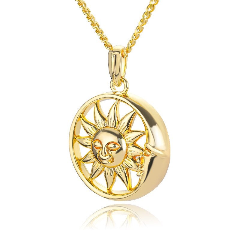 18K Gold Sun Necklace, Gold Moon Necklace, Gothic Fashion Necklace for Women, Gift for Her