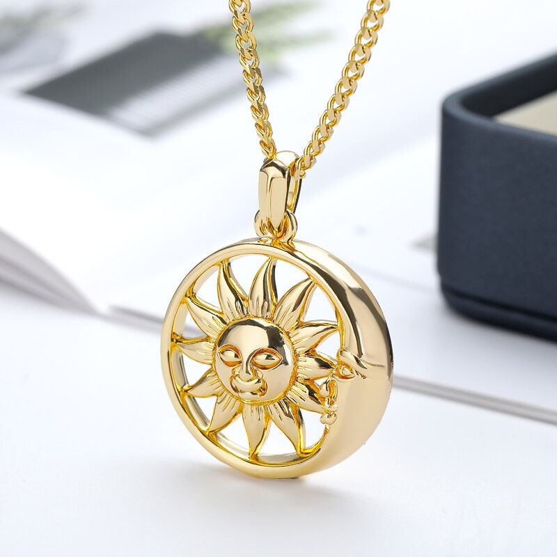 18K Gold Sun Necklace, Gold Moon Necklace, Gothic Fashion Necklace for Women, Gift for Her