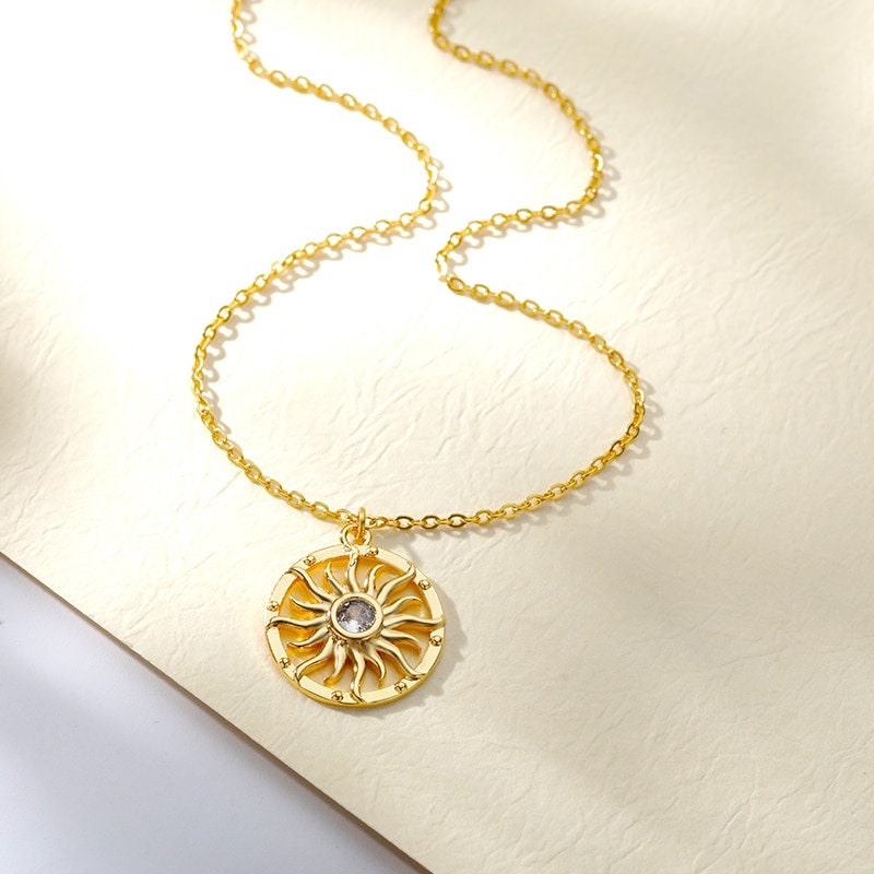 18K Gold Sun Charm Pendant, Gold Sun Necklace, Gothic Sun Necklace for Women, Gift for Her