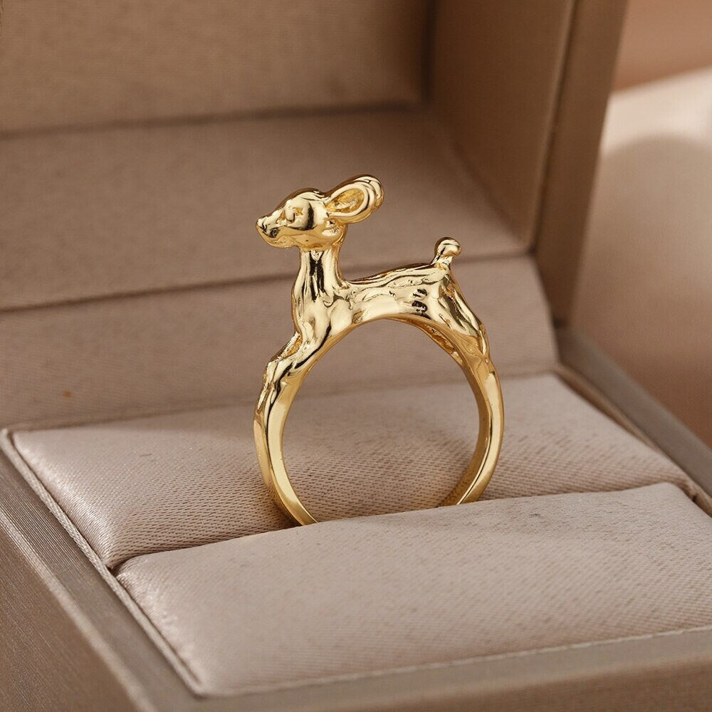 Punk Deer Ring, Dainty Deer Ring, 18K Gold Deer Ring, Bambi Ring, Punk Fashion Ring for Women, Gift for Her