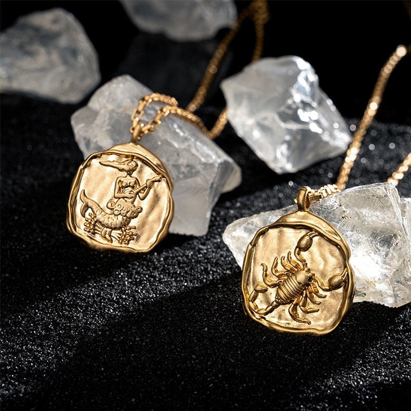18K Gold Horoscope Coin Charm, Organic Horoscope Coin, Gold Horoscope Necklace, Constellation Necklace for Women, Gift for Her