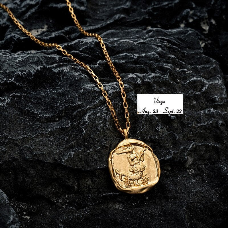 18K Gold Horoscope Coin Charm, Organic Horoscope Coin, Gold Horoscope Necklace, Constellation Necklace for Women, Gift for Her