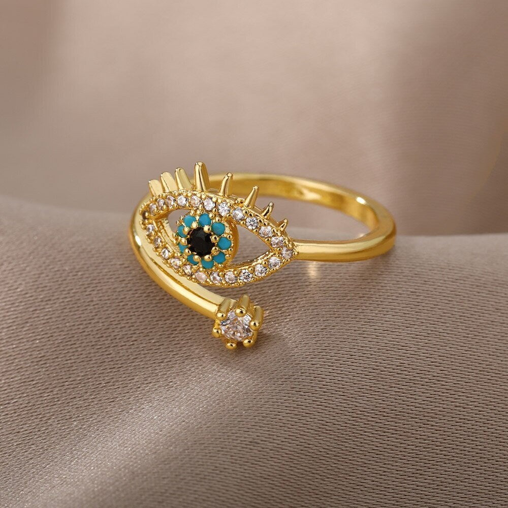 Gothic Evil Eye Ring, Crystal Evil Eye Ring, 18K Gold Evil Eye Ring, Evil Eye Fashion Ring for Women, Gift for Her