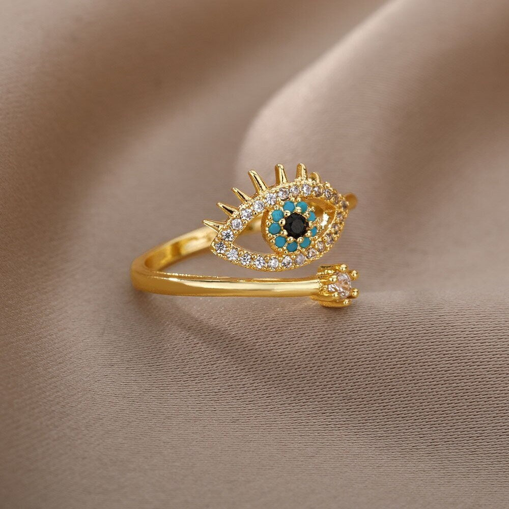 Gothic Evil Eye Ring, Crystal Evil Eye Ring, 18K Gold Evil Eye Ring, Evil Eye Fashion Ring for Women, Gift for Her