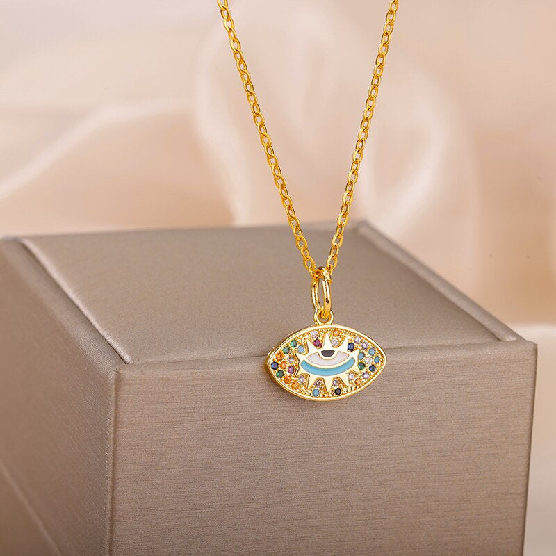 Evil Eye Charm, 18K Gold Evil Eye Necklace, Gothic Fashion Necklace for Women, Gift for Her
