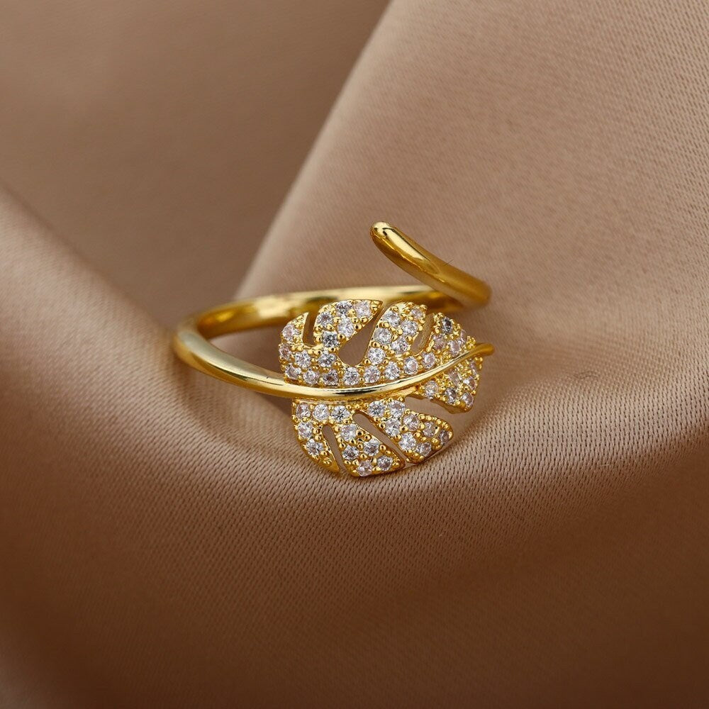 18K Gold Leaf Ring, Crystal Leaf Ring, Punk Crystal Ring, Punk Leaf Ring, Leaf Fashion Ring for Women, Gift for Her