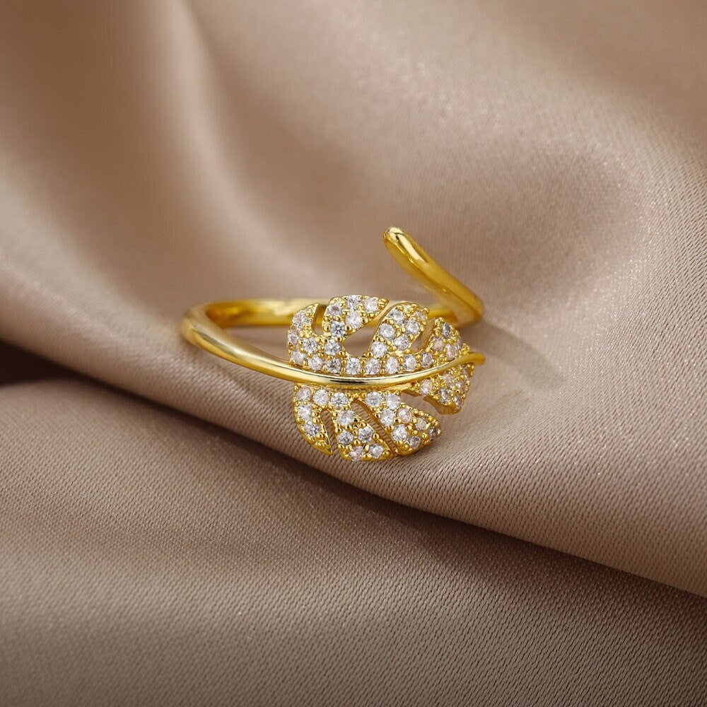 18K Gold Leaf Ring, Crystal Leaf Ring, Punk Crystal Ring, Punk Leaf Ring, Leaf Fashion Ring for Women, Gift for Her