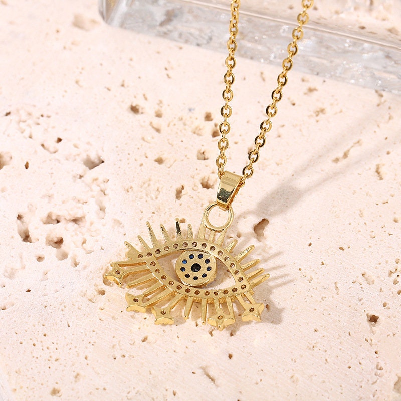 Delicate Evil Eye Necklace, Crystal Evil Eye Necklace, 18K Gold Evil Eye Necklace for Women, Gift for Her