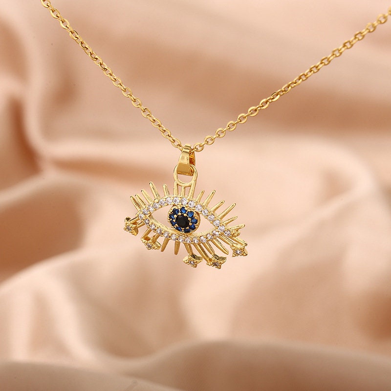 Delicate Evil Eye Necklace, Crystal Evil Eye Necklace, 18K Gold Evil Eye Necklace for Women, Gift for Her